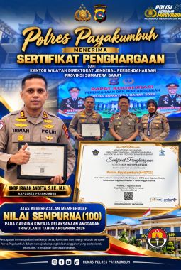 Raih Nilai Sempurna, Polres Payakumbuh Dapat Penghargaan dari Dirjen Perbendaharaan
